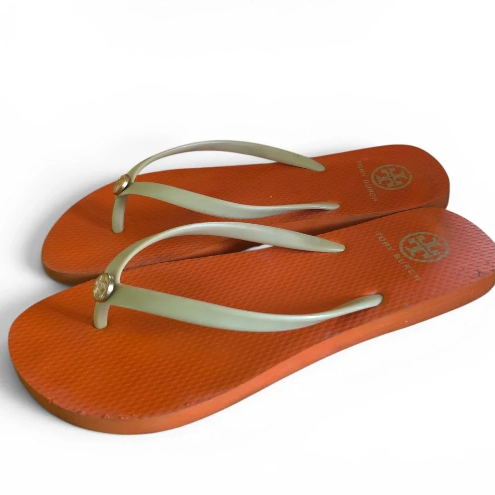 Tory Burch Womens Size 8 Khaki Fanta Orange Thin Flip Flops Sandals With Box